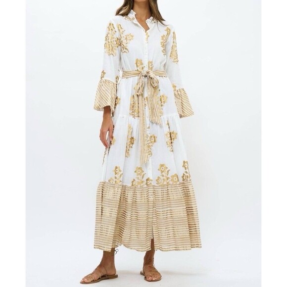 Oliphant Ruffle Collar Bell Maxi Dress Sz S in Gold Jakarta White Tiered Resort - Picture 1 of 15